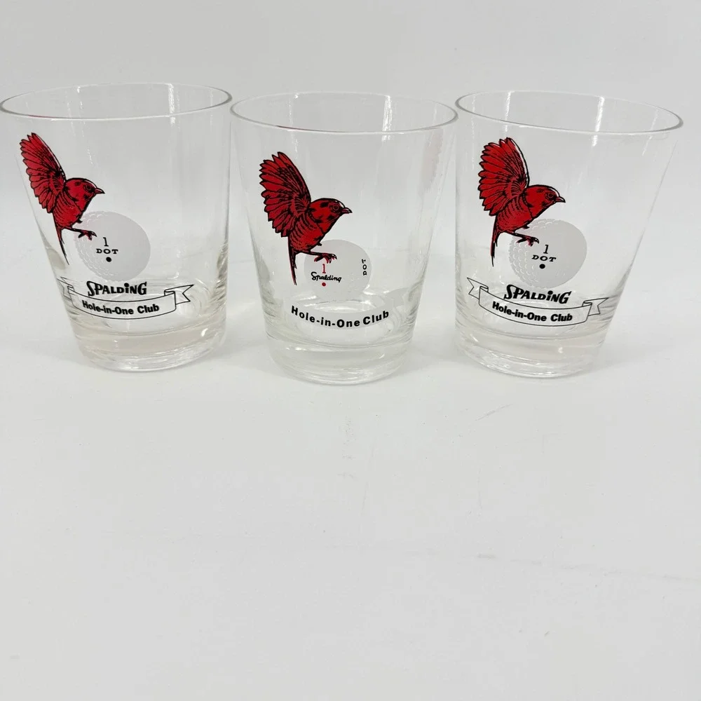 Vintage Spalding Golf Ball Glass Set 3 Hole In One Club Whiskey Rocks‎ Cardinal